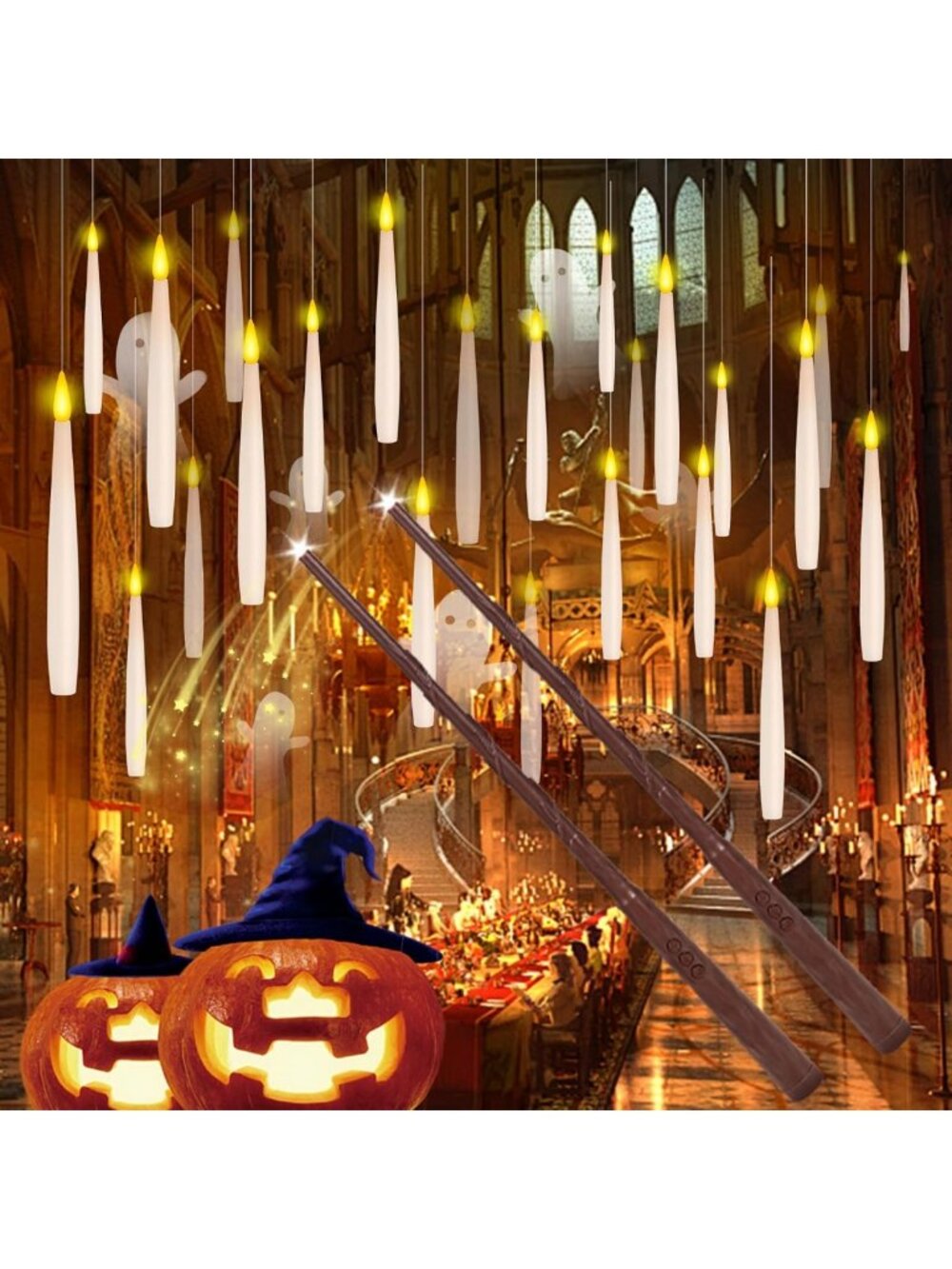 24Pcs Floating Candles with 2 Wand Remote Timer for Halloween Decor - White
